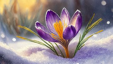 Purple golden crocus in the snow, illustration by Animaflora PicsStock