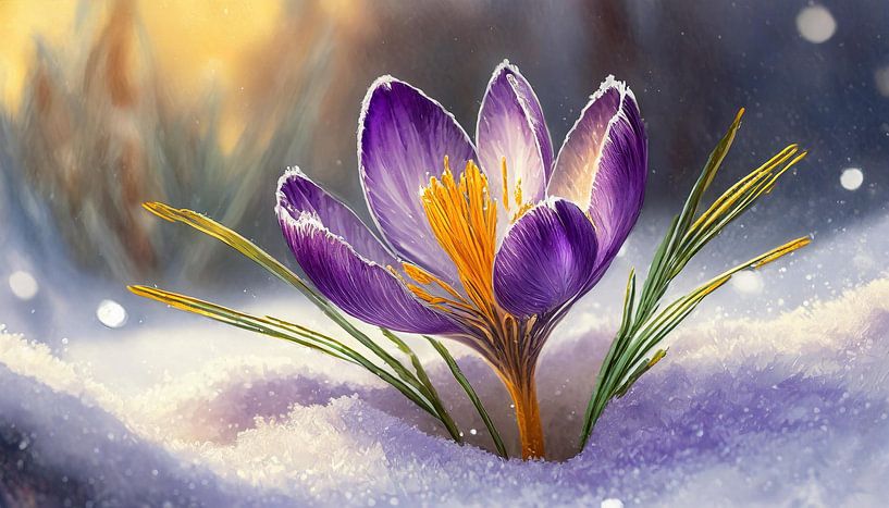 Crocus violet doré dans la neige, illustration par Animaflora PicsStock