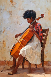Cellist in a white skirt by an old wall by Steinfox Art