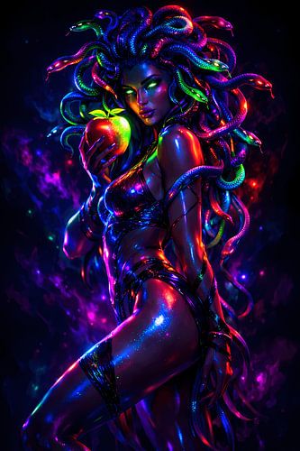 Neon‑Medusa mit dem Goldenen Apfel