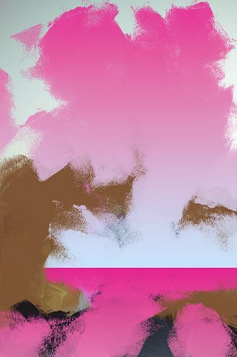 Abstract werk in grijs, roze en bruintinten.