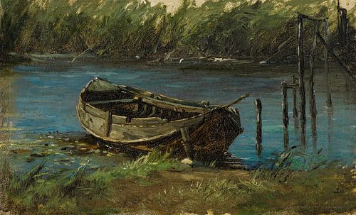 Carlos de Haes-Houten boot landschap bij de rivier, Antique landschap