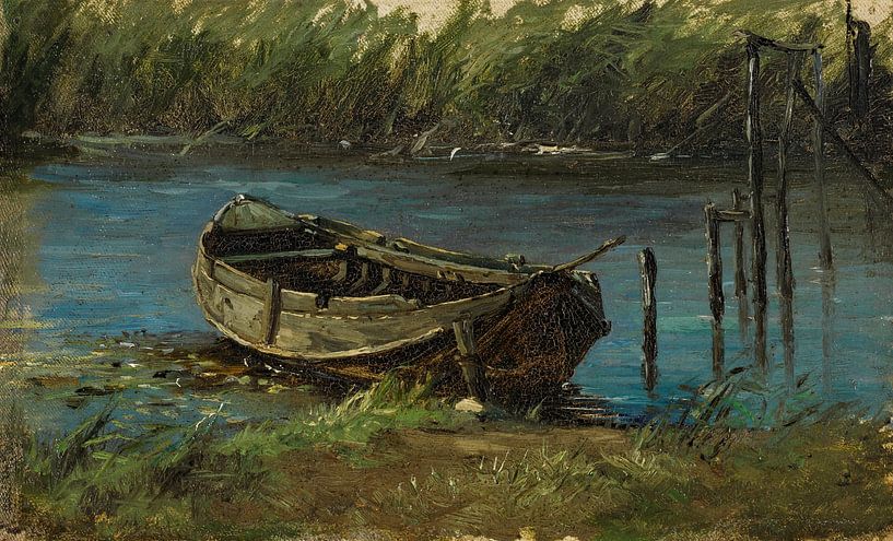 Carlos de Haes-Houten boot landschap bij de rivier, Antique landschap van finemasterpiece