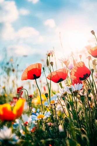 Kleurrijke bloemenweide in het zonlicht