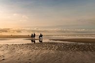 Strand en zee landschap in morgenrood met paarden in Egmond aan Zee van Marianne van der Zee thumbnail