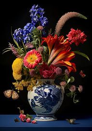 A Delft blue vase with flowers