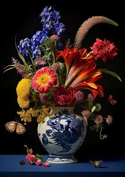 Een Delfts blauwe vaas met bloemen van Luc de Zeeuw