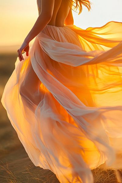 Femme en robe fluide au coucher du soleil par Poster Art Shop