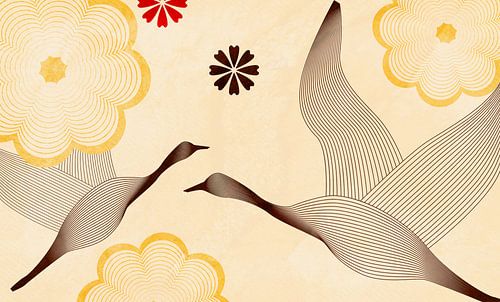 Japan Cranes Vintage Yellow by Mad Dog Art