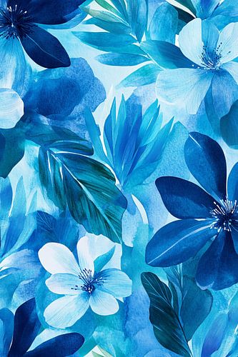 Blauwe bloemen en bladeren kunst