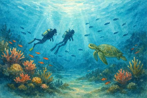 Duikers en zeeschildpad bij het koraalrif (AI) (Scuba diving, Egypte, Sharm el Sheikh, onder water, magisch, sprookjesachtig, prachtig, onderwaterwereld)