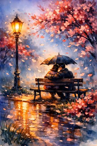Koppel op een parkbank in de regen – aquarel