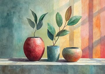 Stilleven Schilderij | Vessels of Chromatic Foliage | Stilleven Schilderij