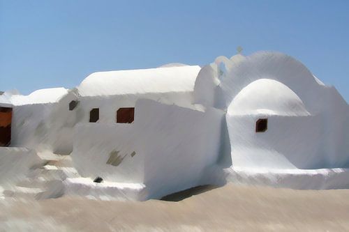 Witte huizen en kerkje op het Griekse eiland Santorini