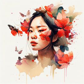 Aquarelle florale femme asiatique #5