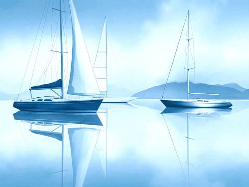 Horizont in Blau – Segelboote im Schwebezustand von Rautenberg Digital Art Maritim