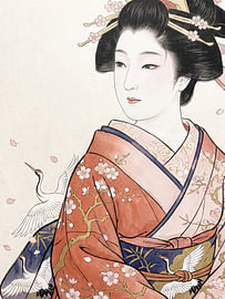 Anmutige Geisha in einem pfirsichfarbenen Kimono mit Kranichen und Kirschblüten von my pixel art