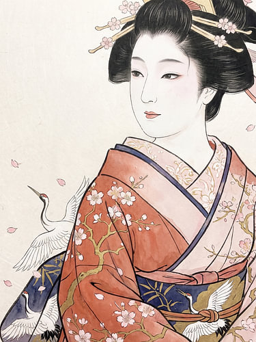 Anmutige Geisha in einem pfirsichfarbenen Kimono mit Kranichen und Kirschblüten
