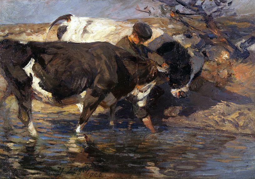 Drijver met twee runderen bij de doorwaadbare plaats, HEINRICH VON ZÜGEL, 1906 van Atelier Liesjes