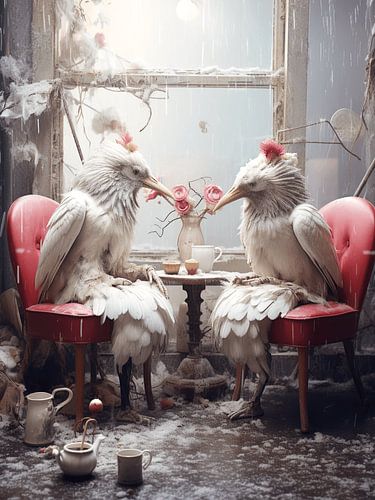 Shabby chic anthropomorphic pair of white birds conversation table sitting surreal