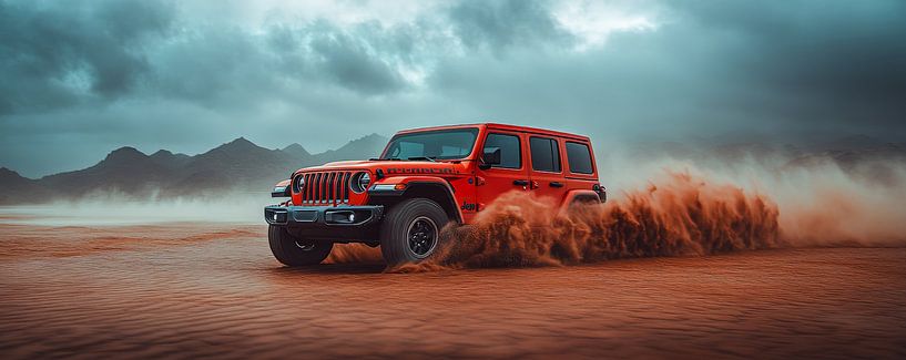 Jeep Wrangler rouge au coucher du soleil dans les dunes par Jordan
