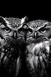 Two owls in black and white close-up by Imperial Art House