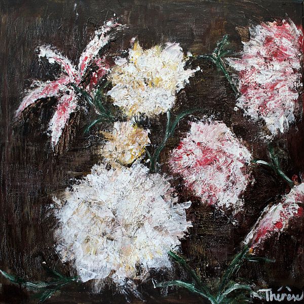 Bloemenschilderij met donkerbruine achtergrond. van Therese Brals