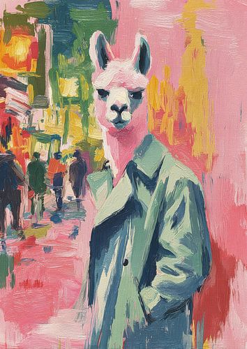 Roze lama in een groene jas