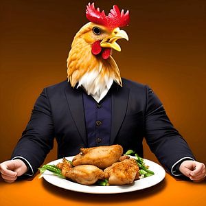 Un poulet surréaliste mange un poulet sur Carina Dumais