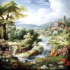 landscape castle waterfall trees people flowers surreal