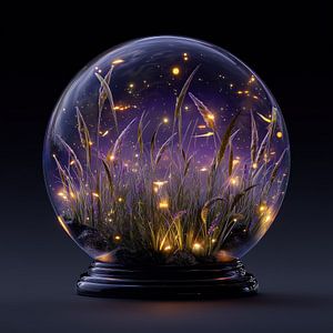 Violette Nacht mit Gras und leuchtenden Lichtern in einer Glaskugel