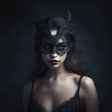 Vrouwenportret sensuele vrouw met zwart kanten masker van Vlindertuin Art
