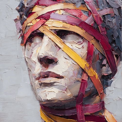 Résumé : Peinture de portraits représentant des rubans emprisonnant des figures humaines