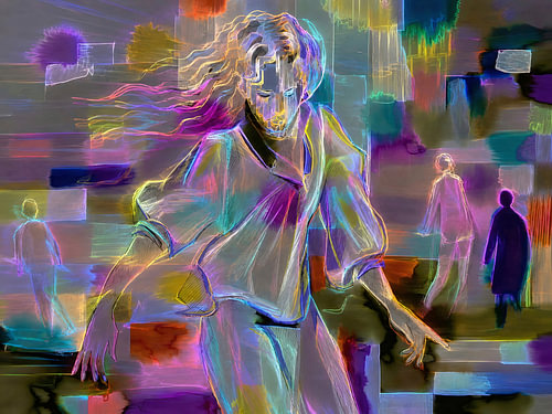 Femme dans une esthétique anamorphique « glitch » vivante