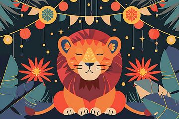 Sterrennacht met leeuw en feestlampen van Art & Soul Creations
