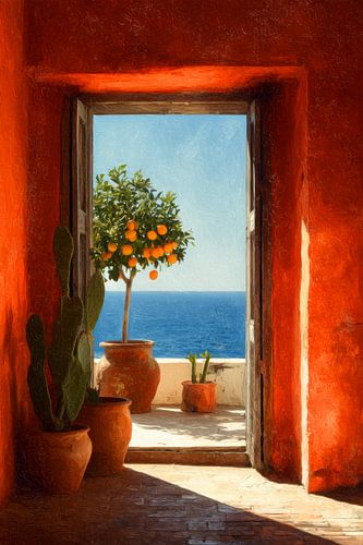 Vue sur la mer avec l'oranger et la terre cuite