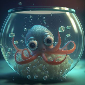 Vrolijke Baby inktvis in een vissenkom met bubbeltjes van Anne Loos