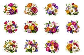 Reihe bunter Frühlingsblumen isoliert auf weißem Hintergrund, ausgeschnitten