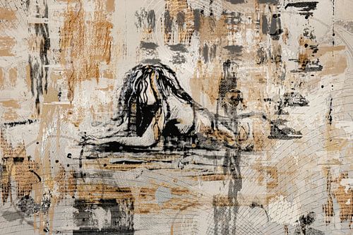 Liggend formaat kunstwerk vrouw op het zand