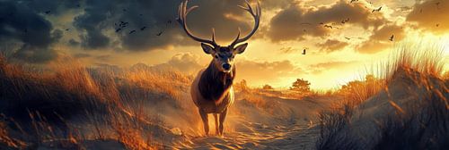 Een hert en het spel van licht in de duinen bij zonsondergang