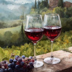 Weingläser, Blick auf das toskanische Tal von IamHome Studio