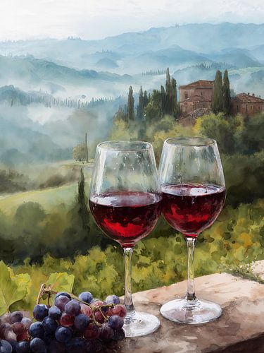Des verres de vin, vue sur la vallée toscane