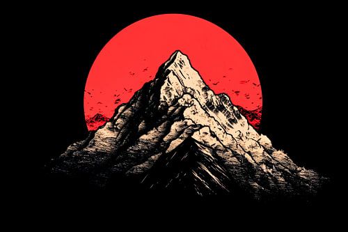 Silhouette de montagne avec soleil rouge