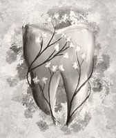Dent &amp ; fleurs. Peinture surréaliste. Noir et blanc.