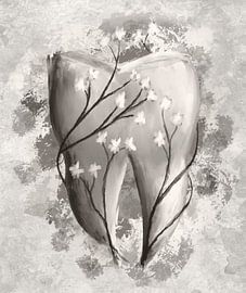 Zahn & Blumen. Surreales Gemälde. Schwarz-weiß. von SergeivoArt