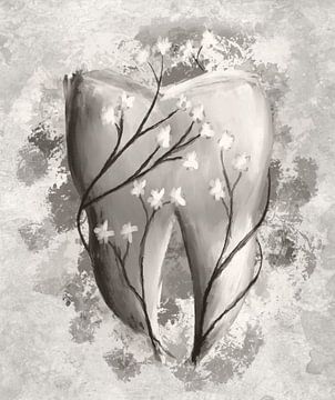Tand & Bloemen. Surrealistisch schilderij. Zwart-wit. van SergeivoArt