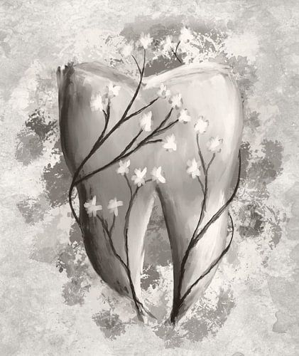 Tooth & Flowers. Surreal painting. Black and white.