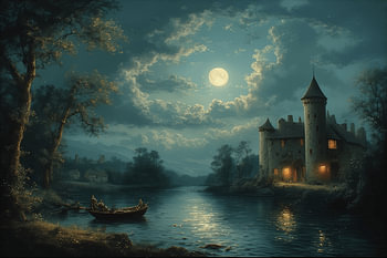 Romantic Moonlit Castle Landscape – Classical European Oil Painting at Night