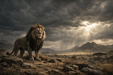 Leeuw onder dramatische hemel – majestueus wildlife landschap met zonnestralen