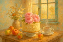 Sonniger Morgen - Stillleben mit Kuchen und Blumen von Kleurenrijk